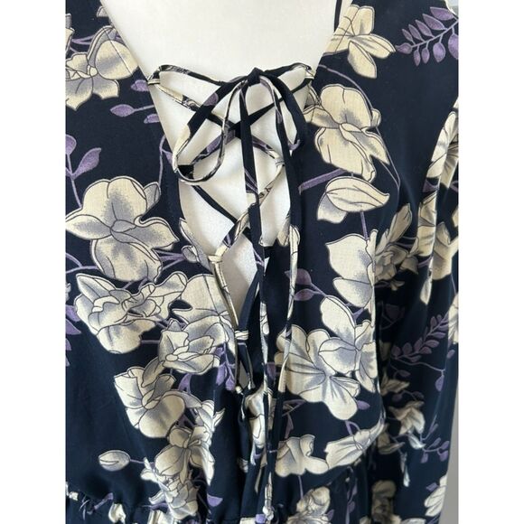 COTTON CANDY Lace Front Tie Waist Floral Print Balloon Sleeve Dress Size L - Picture 11 of 11